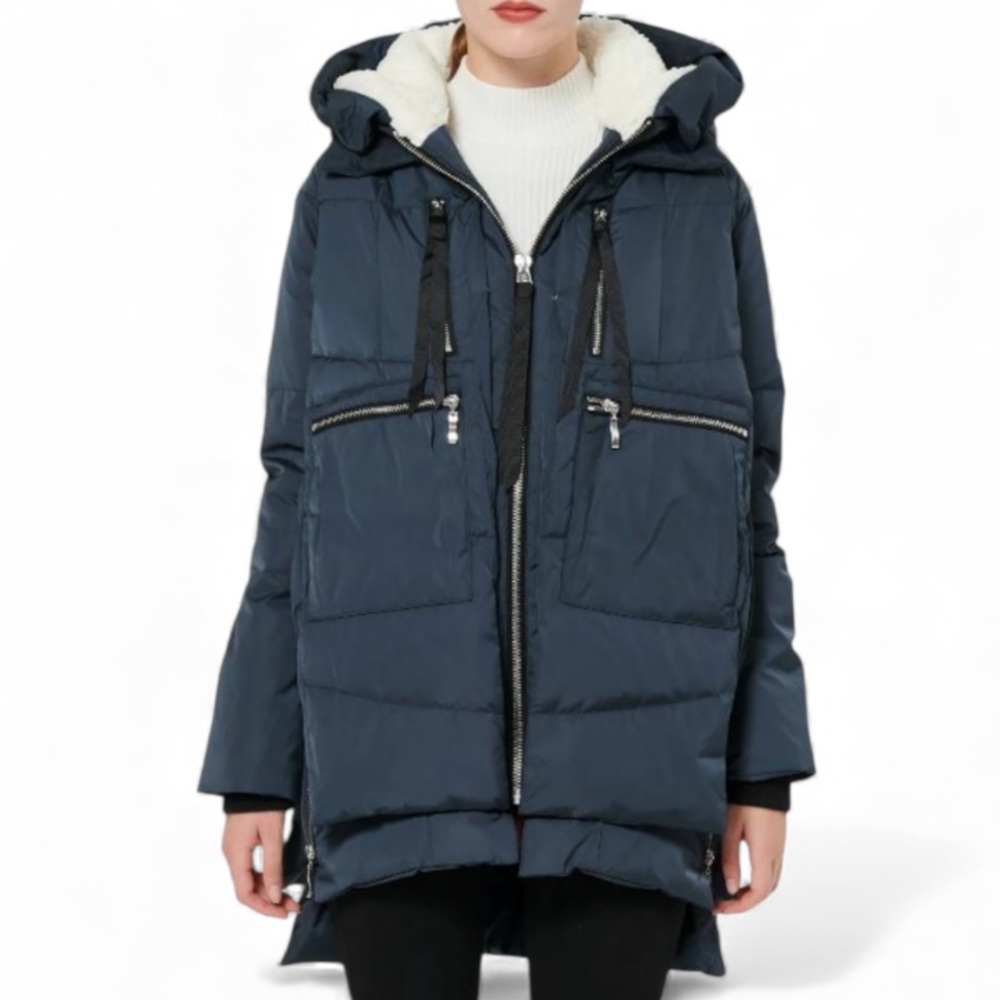 Orolay Thickened navy blue quilted fleece lined down puffer jacket size small